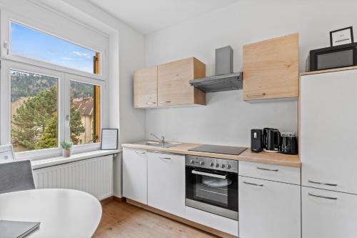 a kitchen with white appliances and a window at FarawayHomes Studio Leoben #K7 in Donawitz