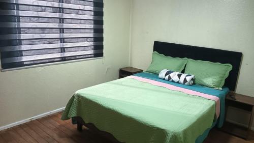 Schlafzimmer mit einem Bett mit grüner Bettwäsche und einem Fenster in der Unterkunft Habitación privada bombero garrido in Curicó