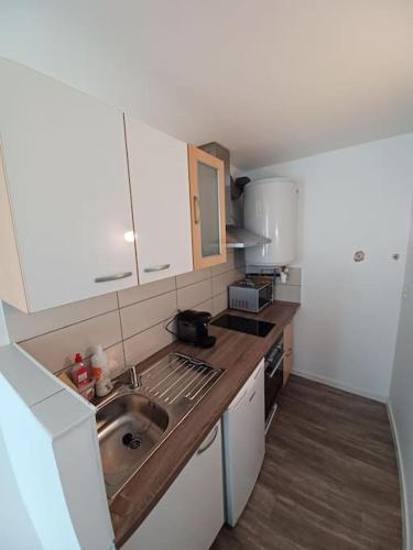une petite cuisine avec un évier et une cuisinière dans l'établissement studio Palais de Justice, à Clermont-Ferrand