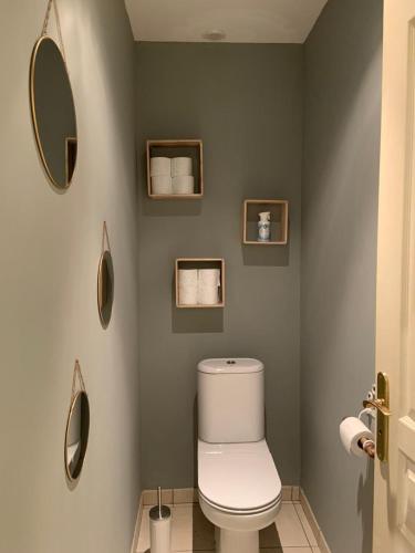 La salle de bains est pourvue de toilettes blanches et de miroirs. dans l'établissement Maison 10/12 pers à 5 min du Phare des Baleines, à Saint-Clément-des-Baleines