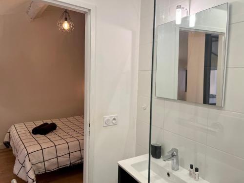 a bathroom with a bed and a sink and a mirror at Suite Coraline in Lyon