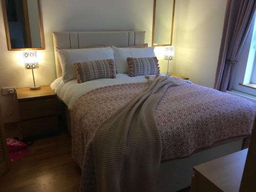 a bedroom with a large bed with two lamps at Apiary Mews in Newcastle