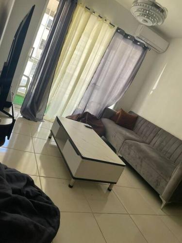 Tranquilo apartamento cercano al aeropuerto في Los Paredones: غرفة معيشة مع أريكة وطاولة