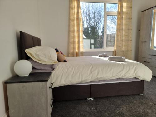 een slaapkamer met een groot bed en een groot raam bij Radiant Accommodation Manor Lane in Plymouth