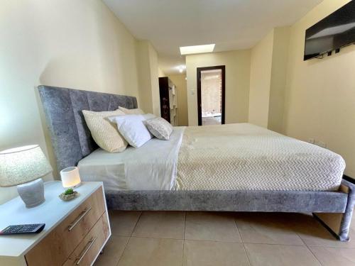 Schlafzimmer mit einem Bett, einem Schreibtisch und einem TV in der Unterkunft Departamento con jacuzzi, balcón, lavadora y garage in Ambato