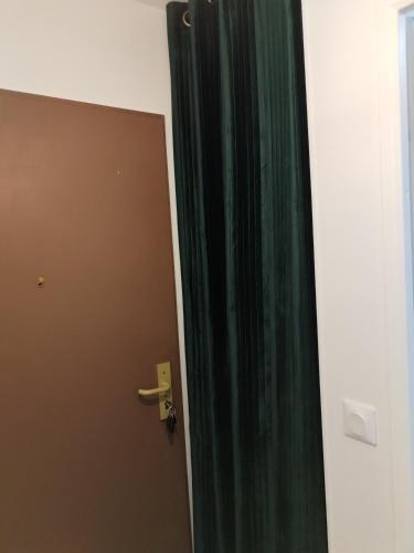 une porte avec un rideau vert dans une pièce dans l'établissement Cozy studio Pontault-combault proche Disney-Paris, à Pontault-Combault