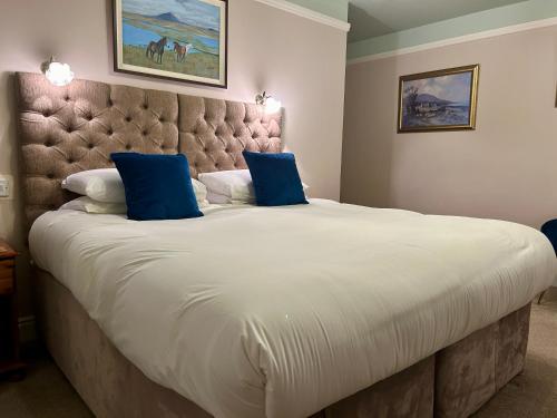 a bedroom with a large bed with blue pillows at Buttermilk Lodge in Clifden