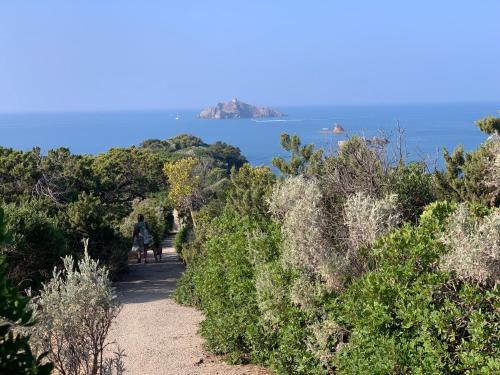 a trail with a view of the ocean and a island at Cala dei Pirati in Punta Ala