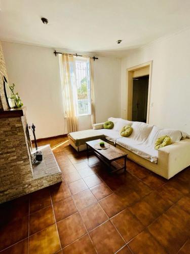 uma sala de estar com um sofá e uma lareira em Departamento Roque Pérez em Roque Pérez
