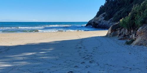 a beach with footprints in the sand and the ocean at Apartamento Neptuno Sunrise Magic World in Oropesa del Mar
