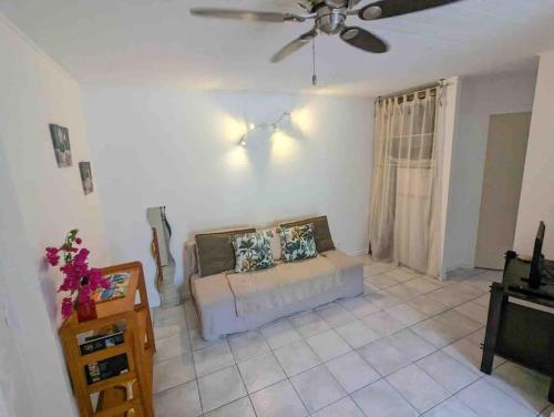 レ・トロワ・イレにあるTikoule t2 avec piscine Trois Iletsのソファと天井ファンのあるリビングルーム