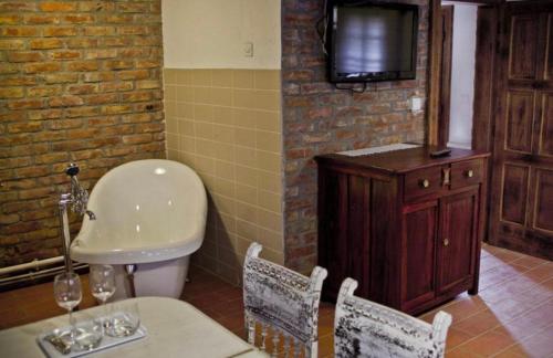 Cette chambre dispose d'une table, d'un lavabo et d'une télévision. dans l'établissement Ekoetno Selo Strug, à Krapje