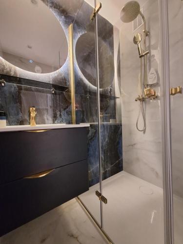 um chuveiro com uma porta de vidro na casa de banho em Dragon apartament em Lublin