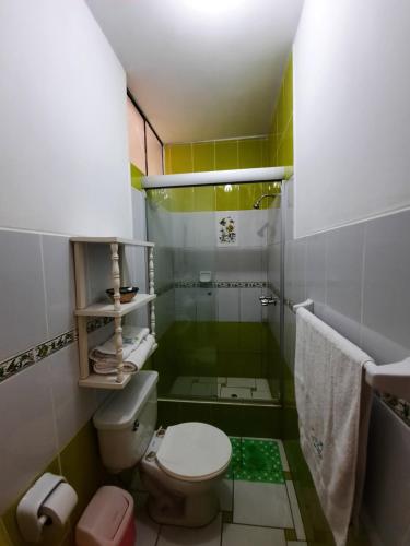a small bathroom with a toilet and a shower at BRISAS DE LA BAHIA HOTEL in Paracas