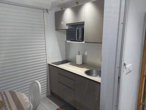 a small kitchen with a sink and a microwave at le Marlon in La Trinité