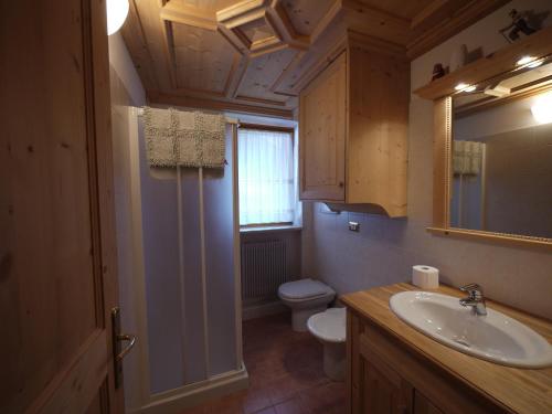 アラッバにあるAppartamento Brenteganiのバスルーム(洗面台、トイレ、鏡付)