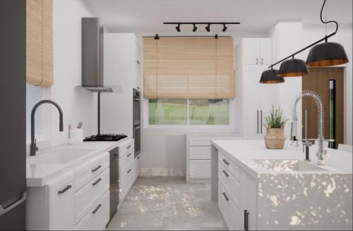 a kitchen with white counters and sinks and a window at New Luxury Villa Rika with pool in Gouvia