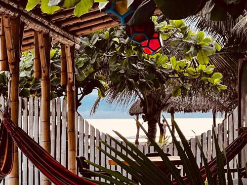 a hammock in front of a fence with a palm tree at Jardin Pacifico in Canoa