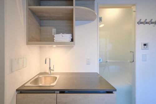 a bathroom with a sink and a shower at HJ PLACE TAKANAWA in Tokyo