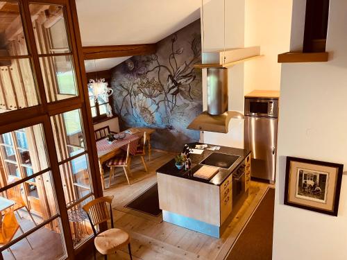 an overhead view of a kitchen with a stove at Ferienwohnung Schankwirtschaft Wohlfart in Pfronten