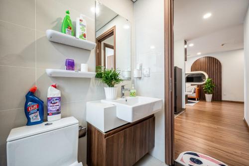y baño con lavabo, aseo y espejo. en Eco Green Saigon Luxury Apartment, en Ho Chi Minh