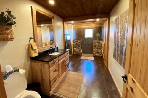 een badkamer met een wastafel, een toilet en een spiegel bij Private Ranch Log Cabin Lakeside Escape in Shady Cove