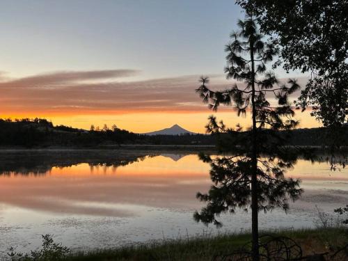 a sunset over a lake with a tree in the foreground at Private Ranch Log Cabin Lakeside Escape in Shady Cove