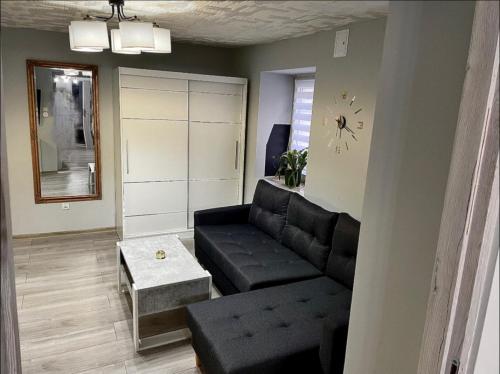 雷恩的住宿－Apartment，客厅配有黑色沙发和桌子