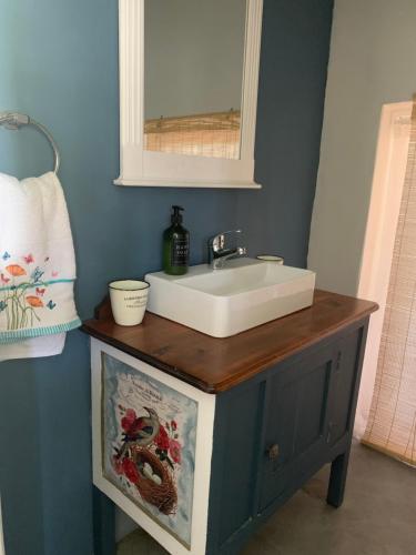 a bathroom vanity with a sink and a mirror at Simply Rus in Oudtshoorn