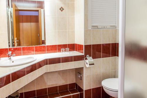 Hotel SOREA HUTNÍK I. في Vysoke Tatry - Tatranske Matliare: حمام مع مرحاض ومغسلة ومرآة