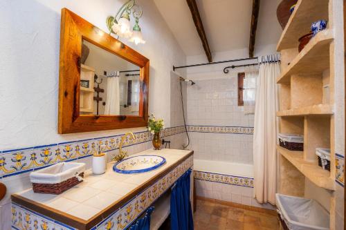a bathroom with a sink and a mirror at La Paloma de Sa Torre Marina in Ses Covetes