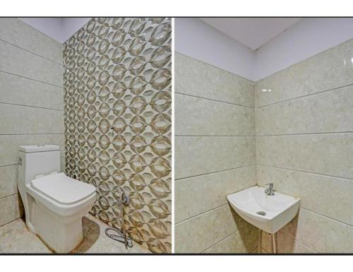 two pictures of a bathroom with a toilet and a sink at Hotel Avenue, Kanpur in Kānpur