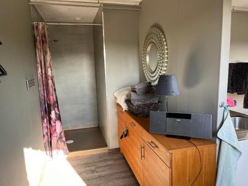 1 dormitorio con tocador con espejo y ducha en Borgane 5, en Fjällbacka