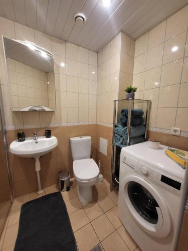 a bathroom with a toilet sink and a washing machine at Long Holiday Apartment in Kuressaare