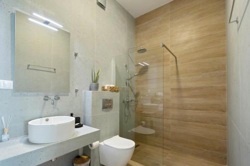 a bathroom with a shower and a toilet and a sink at Horizon Studios - Apartments in Rodakino