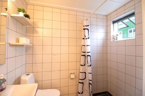 a bathroom with a shower and a toilet at Hyggelig sommerhus Øer Maritime ferieby Ebeltoft in Ebeltoft