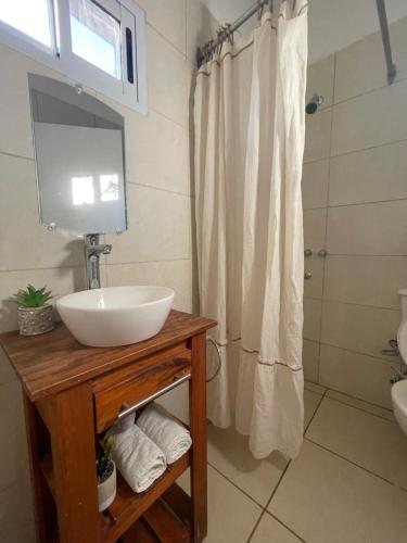 uma casa de banho com um lavatório e um chuveiro em Los 4 elementos em San Marcos Sierras