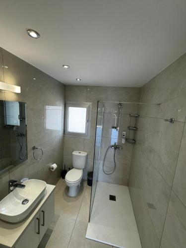 een badkamer met een toilet, een douche en een wastafel bij Seaside Bliss 1-Bed Apt in Paphos City