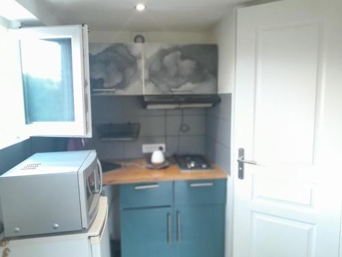 une cuisine avec un comptoir, un four micro-ondes et une fenêtre dans l'établissement Studio paisible orsay, à Orsay