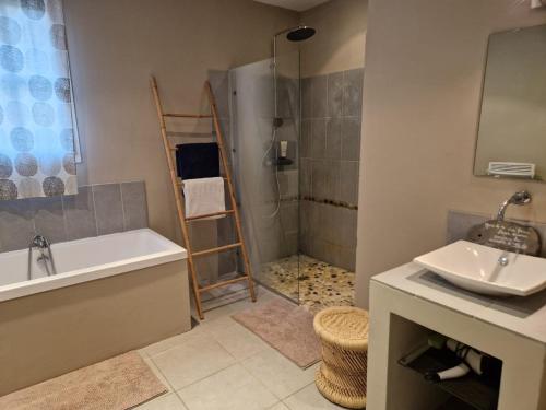 uma casa de banho com uma banheira, um lavatório e um chuveiro em Le Hameau des Coquelicots em Damazan