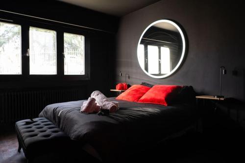 - une chambre avec un lit doté d'oreillers rouges et d'un miroir dans l'établissement L’alcôve de la tentation, à Villeurbanne
