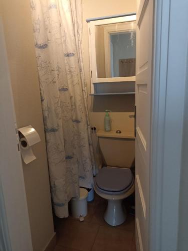 une petite salle de bain avec toilettes et miroir dans l'établissement Le Petit Canet, à Canet