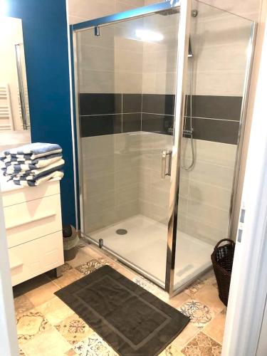 une douche avec une porte vitrée dans une salle de bain dans l'établissement Chalet authentique à Clermont-Créans avec piscine partagée, à La Flèche