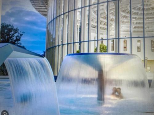uma fonte de água em frente a um edifício em "LA MAIN D'OR " avec espaces Sauna et salle de Sport em Spa