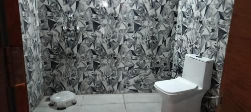 Hotel Brij Palace & Restaurant في أودايبور: حمام به جدار من البلاط الأسود والأبيض