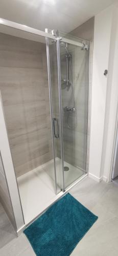 La salle de bains est pourvue d'une cabine de douche avec un tapis vert. dans l'établissement Sea Sun and Thau, à Marseillan