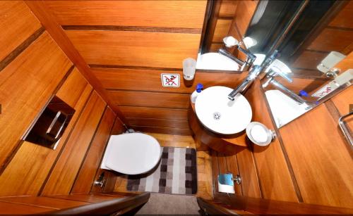 vista sul soffitto di un bagno con lavandino e servizi igienici di Hayat Bu, Boot a Fethiye