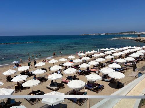 Ein Strand mit einem Haufen weißer Regenschirme in der Unterkunft Lavi La 2B, Sea Breeze, Paphos in Paphos City