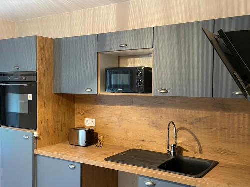 une cuisine avec un évier et un micro-ondes dans l'établissement Domaine des quatre terres, à Lesparre-Médoc
