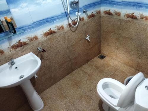 a bathroom with a sink and a toilet at Guruge villa in Hikkaduwa